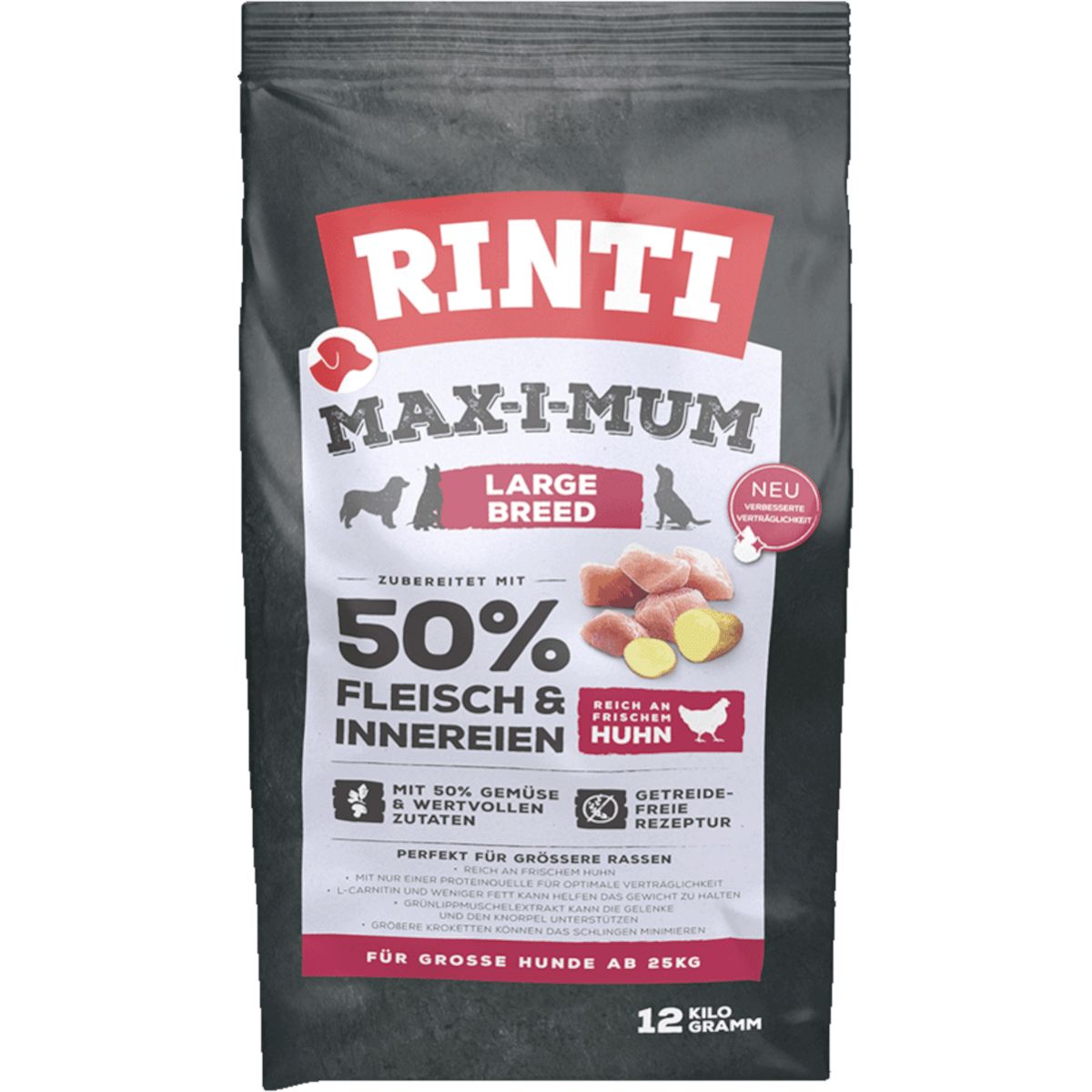 Rinti Max-i-Mum Large Breed Huhn Hundefutter, 12 kg Beutel. Enthält 50% Fleisch & Innereien.