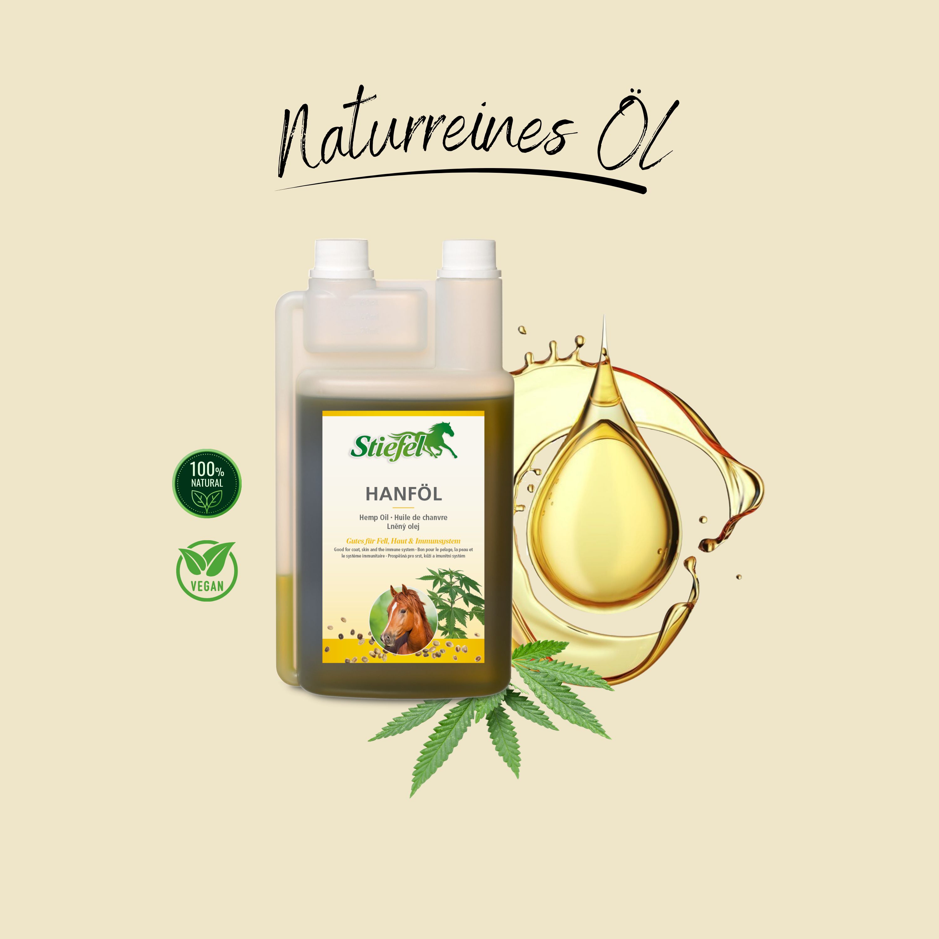 Flasche mit Stiefel Hanföl. Etikett mit Produktname, Hanfblatt und Pferd. Tropfen Öl und Hanfblatt.