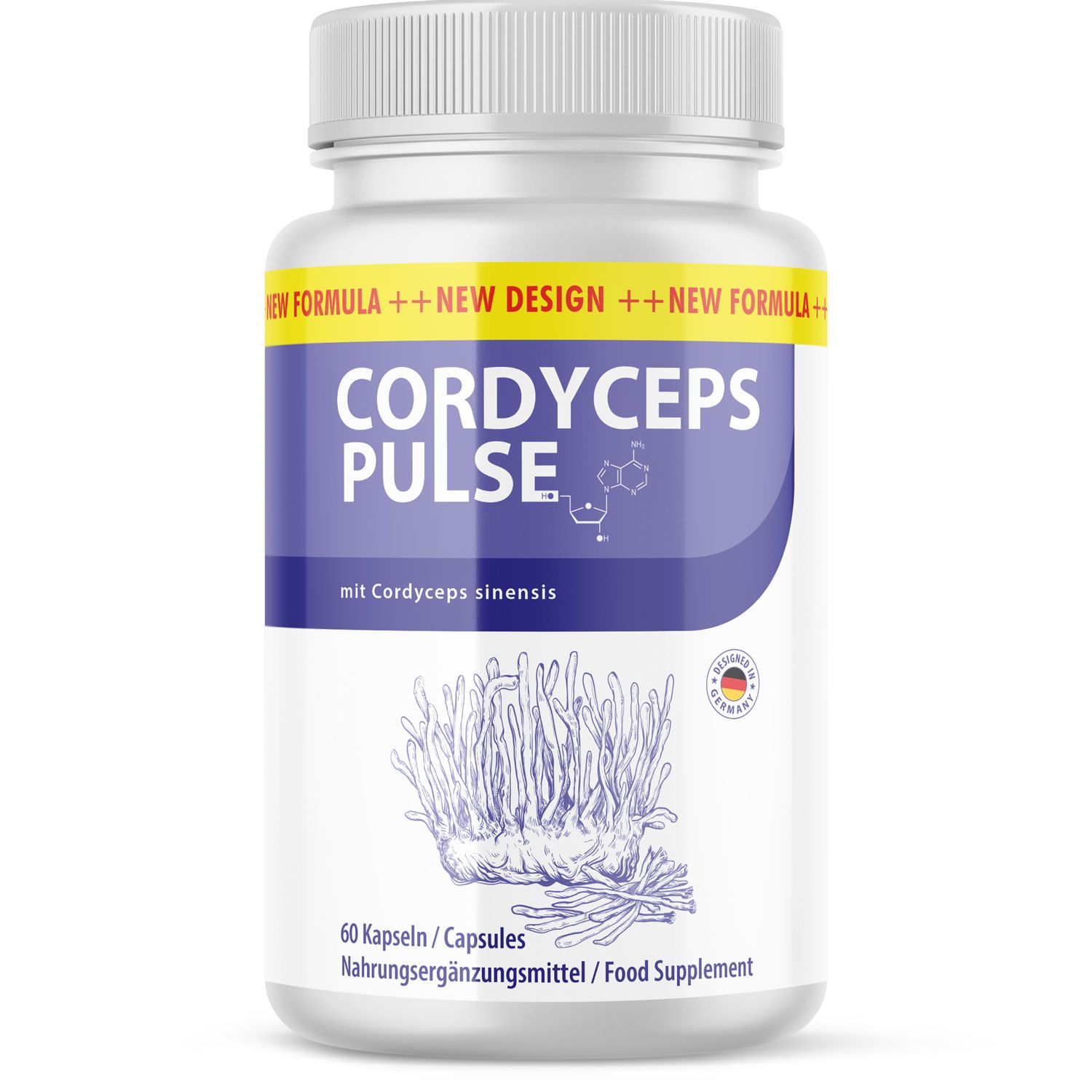 Weiße Flasche mit Kapseln. Aufschrift "CORDYCEPS PULSE". Enthält 60 Kapseln. Mit Cordyceps sinensis. Mit deutschem Qualitätssiegel.