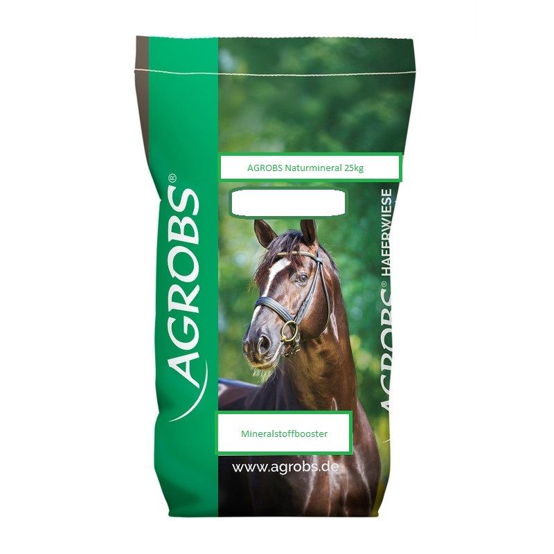 Verpackung mit Produktnamen und Pferd. Grün-weiße Farbgebung. Text: Agrobs Naturmineral, Mineralstoffbooster.