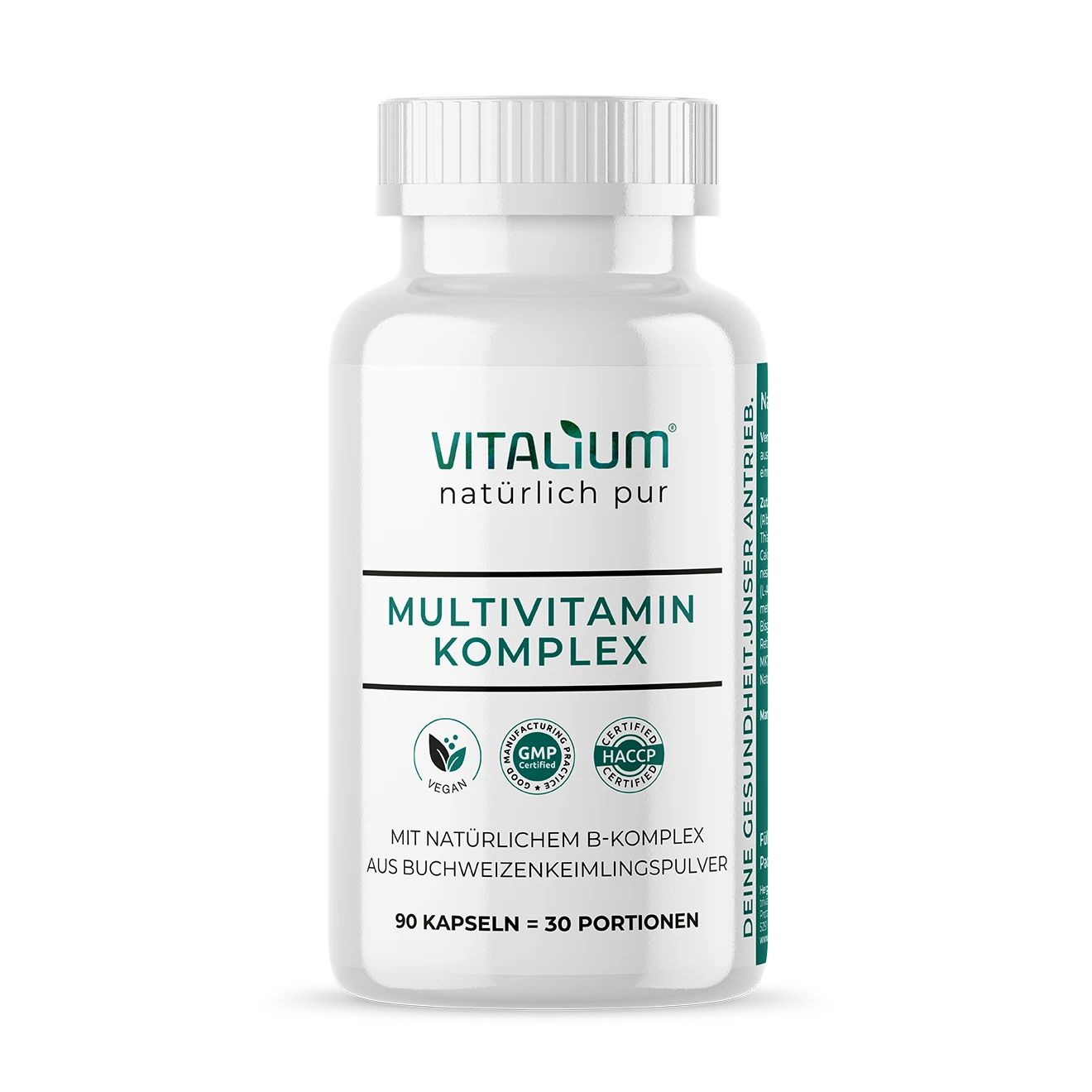 Weiße Flasche mit "VITALIUM Multivitamin Komplex". Vegan, GMP und HACCP Siegel. 90 Kapseln.