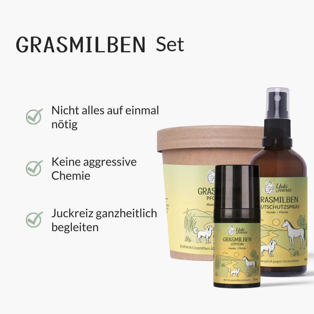 Drei Produkte: Pfotenbad, Lotion und Hautschutzspray. Text: Grasmilben Set. Grüne Häkchen und Text. Grün-gelbes Design.