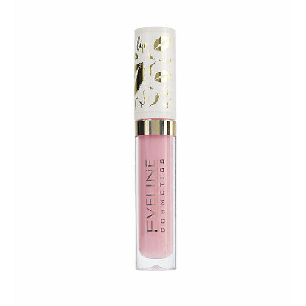 Lipgloss mit weißem Deckel und goldenen Akzenten. Der transparente Behälter zeigt rosa Inhalt. Aufschrift: Eveline Cosmetics.