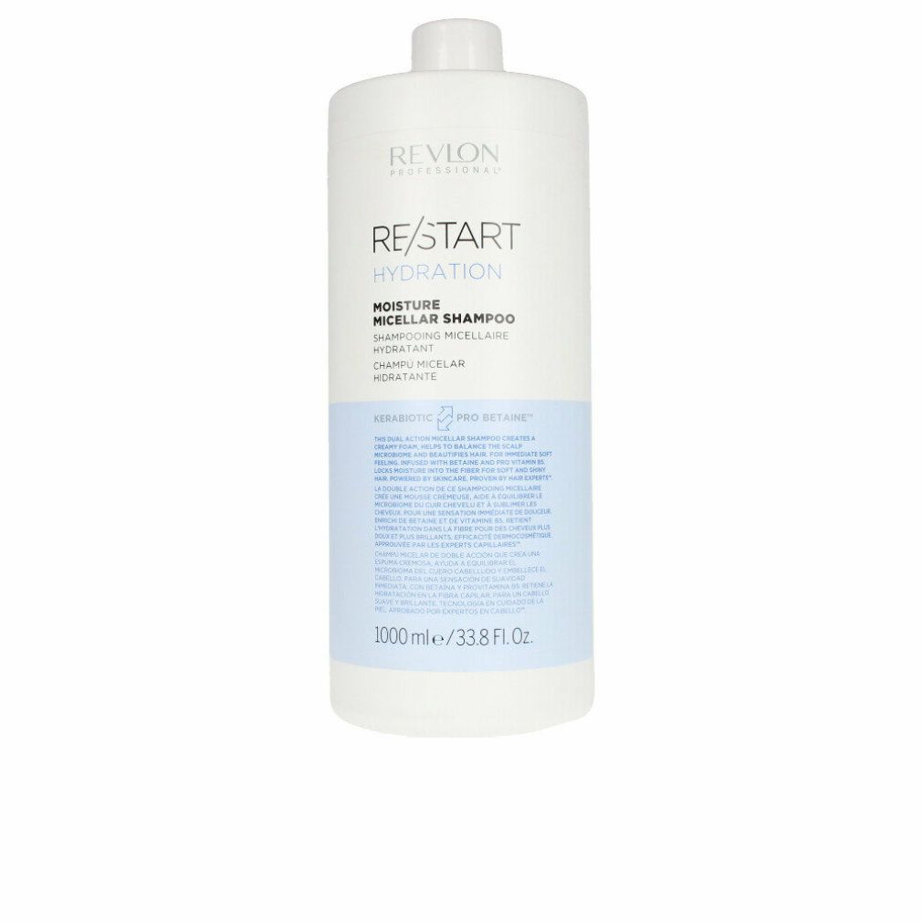 Weißer Shampoo-Behälter mit blauem Etikett. Aufschrift: Revlon Re-Start Hydration, Moisture Micellar Shampoo. 1000 ml.