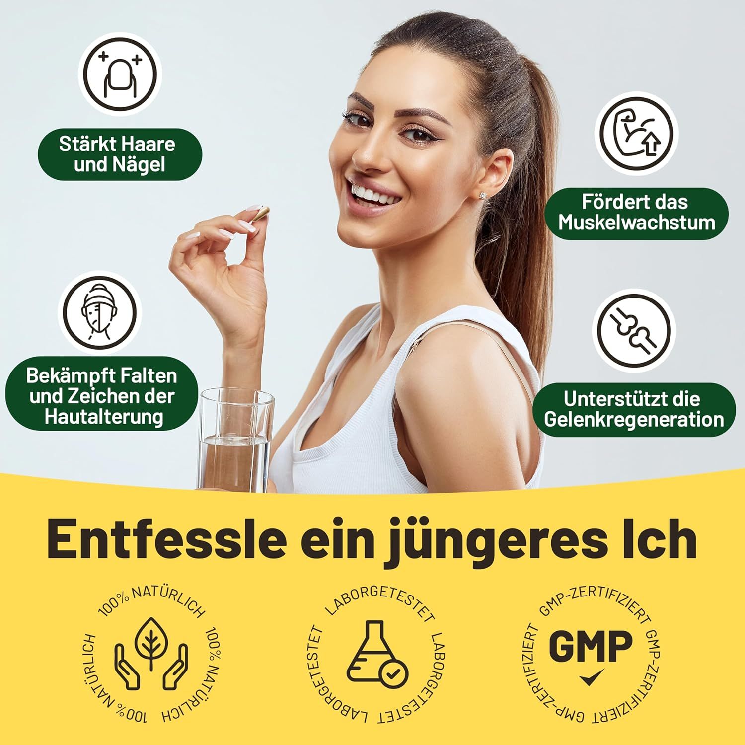Frau mit Glas Wasser und Kapsel. Text: Stärkt Haare und Nägel, fördert Muskelwachstum, bekämpft Falten, unterstützt Gelenkregeneration. Logos: 100% natürlich, Laborgetestet, GMP.