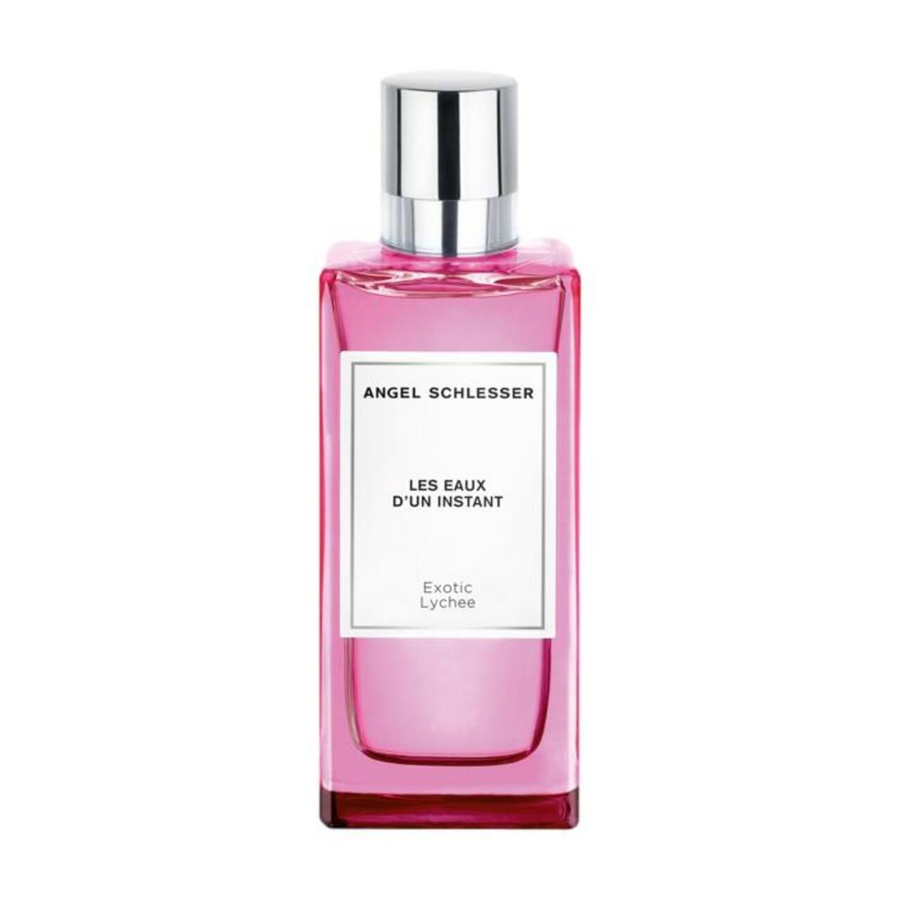 Rosa Flakon mit silbernem Deckel. Aufkleber mit Text: Angel Schlesser, Les Eaux d'un Instant, Exotic Lychee.