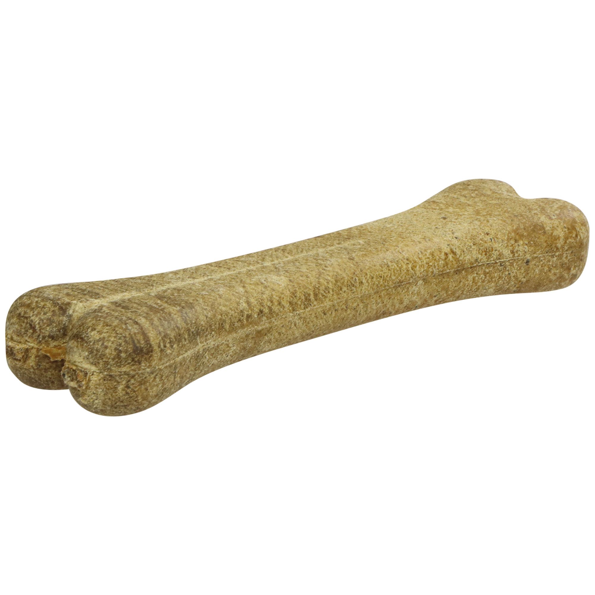 Hirschknochen, hart, glutenfrei. Beige-braune Farbe, Knochenform mit zwei Enden. Auf weißem Hintergrund.