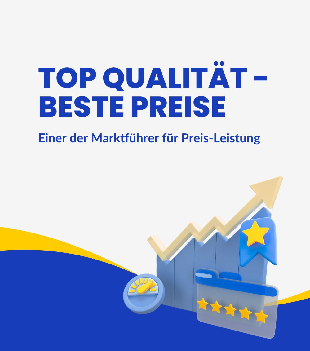 Infografik mit Text: Top Qualität - Beste Preise. Grafik: Diagramm mit Pfeil nach oben, Stern, Ordner mit Sternen.