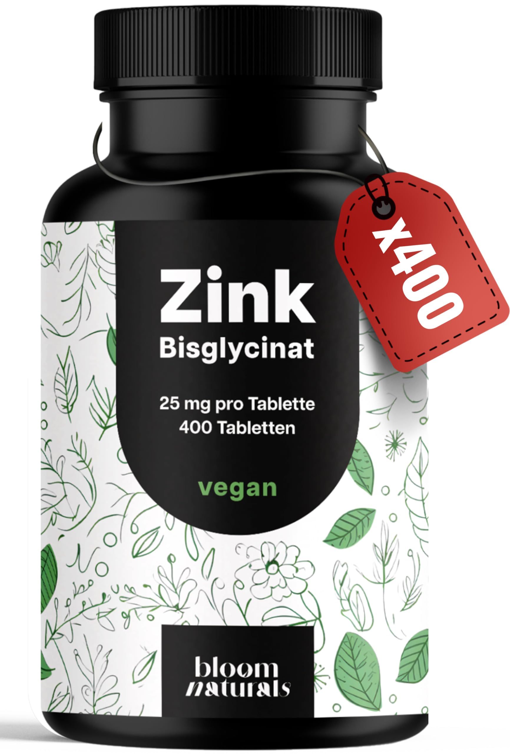 Schwarze Dose Zink Bisglycinat, 400 Tabletten, 25 mg pro Tablette, vegan. Roter Anhänger mit "x400".