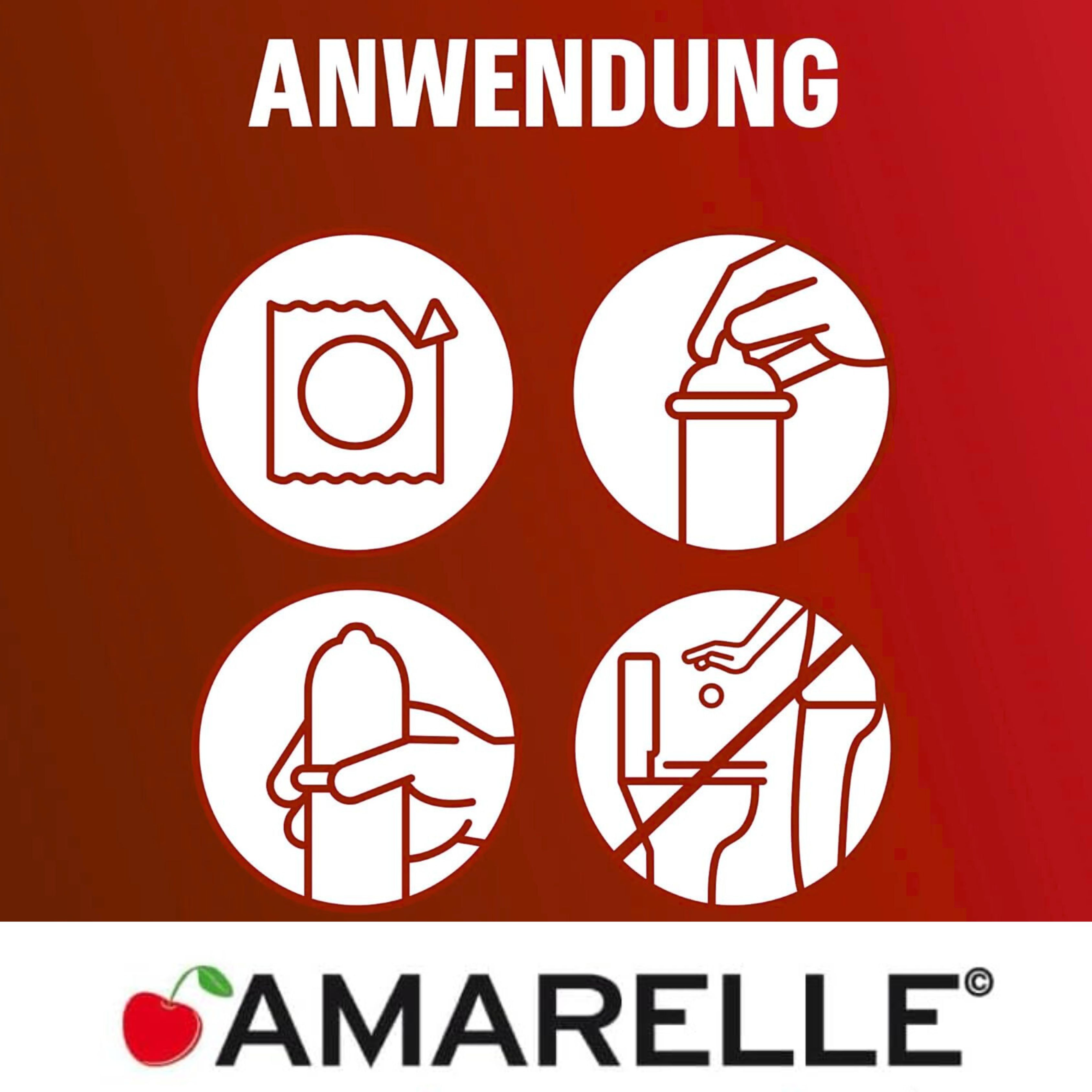 Anwendungshinweise in Kreisen. Symbole: Öffnen, Aufsetzen, Abrollen, Entsorgen. AMARALLE Logo mit Kirsche.