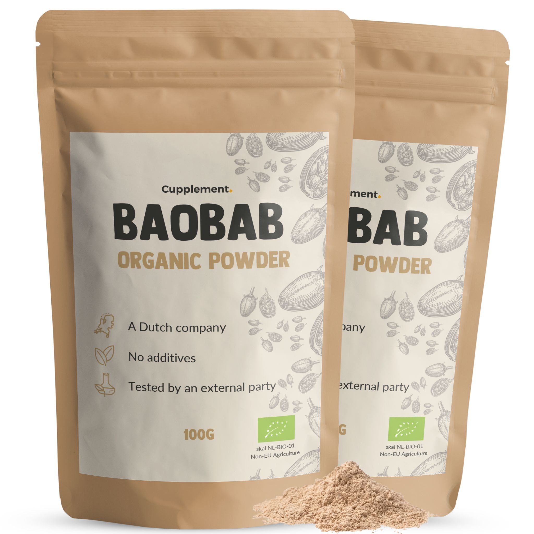 Zwei Beutel Cupplement Baobab Pulver. Braune Papierverpackung mit weißem Etikett. Bio-Siegel und 100g.
