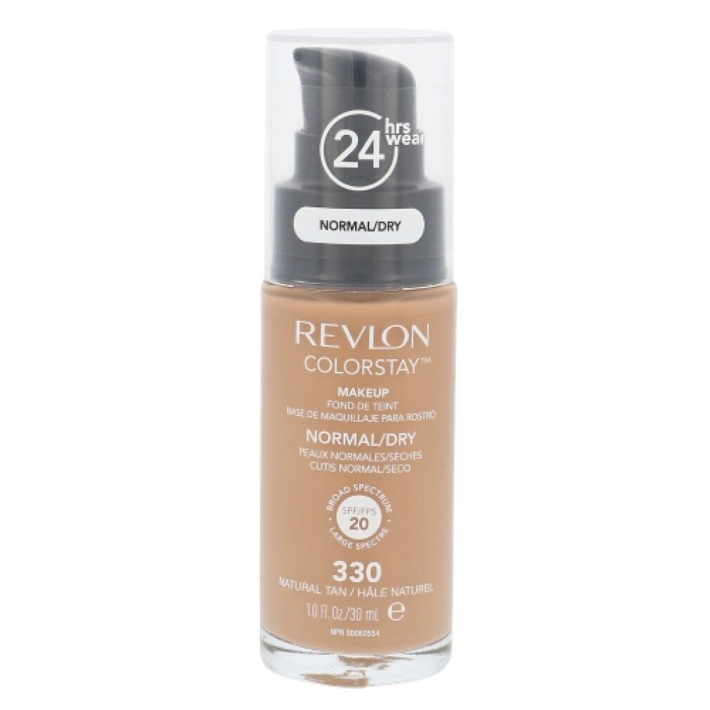 Revlon Colorstay Make-up-Flasche. Mit Pumpe, 330 Natural Tan. Für normale/trockene Haut. SPF 20. Schwarzer Pumpkopf, transparente Kappe.