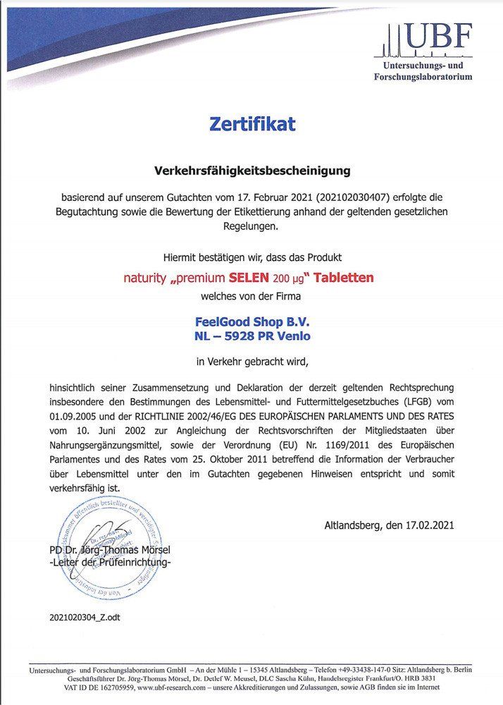 Zertifikat der UBF. Text: "naturity premium SELEN 200 µg Tabletten". Siegel, Unterschriften. Verkehrsfähigkeitsbescheinigung.