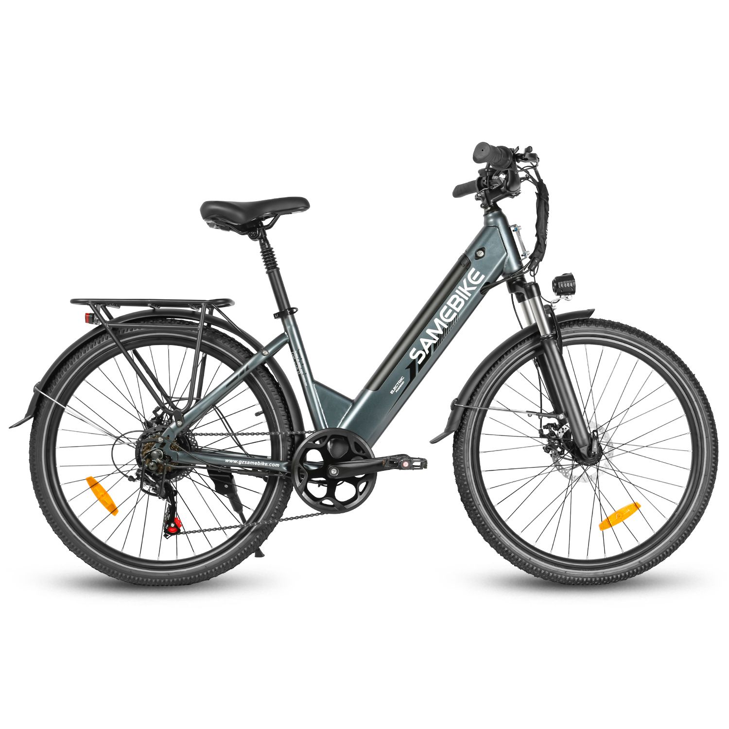 SAMEBIKE RS-A01 Pro-T Elektrofahrrad, grau. Schwarze Reifen, Sattel, Lenker. Gepäckträger. Seitenansicht.