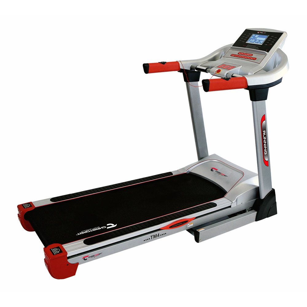 Laufband CHRISTOPEIT SPORT TM 4. Grau-rot. Konsole mit Display, Handläufe. Schwarze Lauffläche. Steuerungstasten.