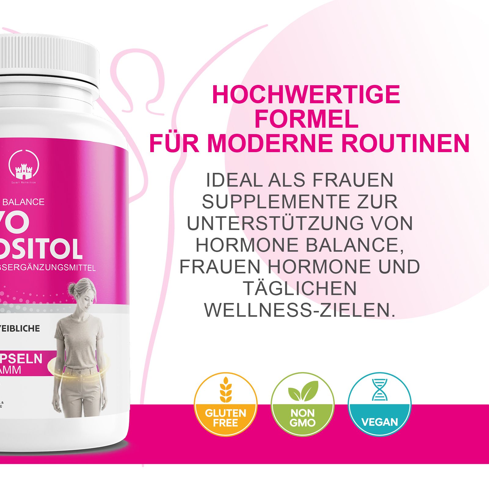 Rosa Hintergrund mit Text: Hochwertige Formel für moderne Routinen. Glutenfrei, Non-GMO, Vegan. Produktabbildung.
