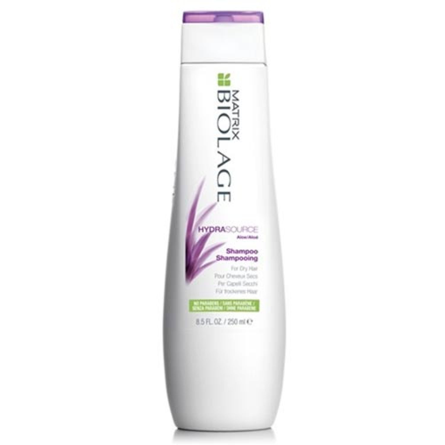 Weißes Shampoo-Flakon mit lila Akzenten. Aufschrift: Matrix Biolage Hydrasource Shampoo. 250 ml.