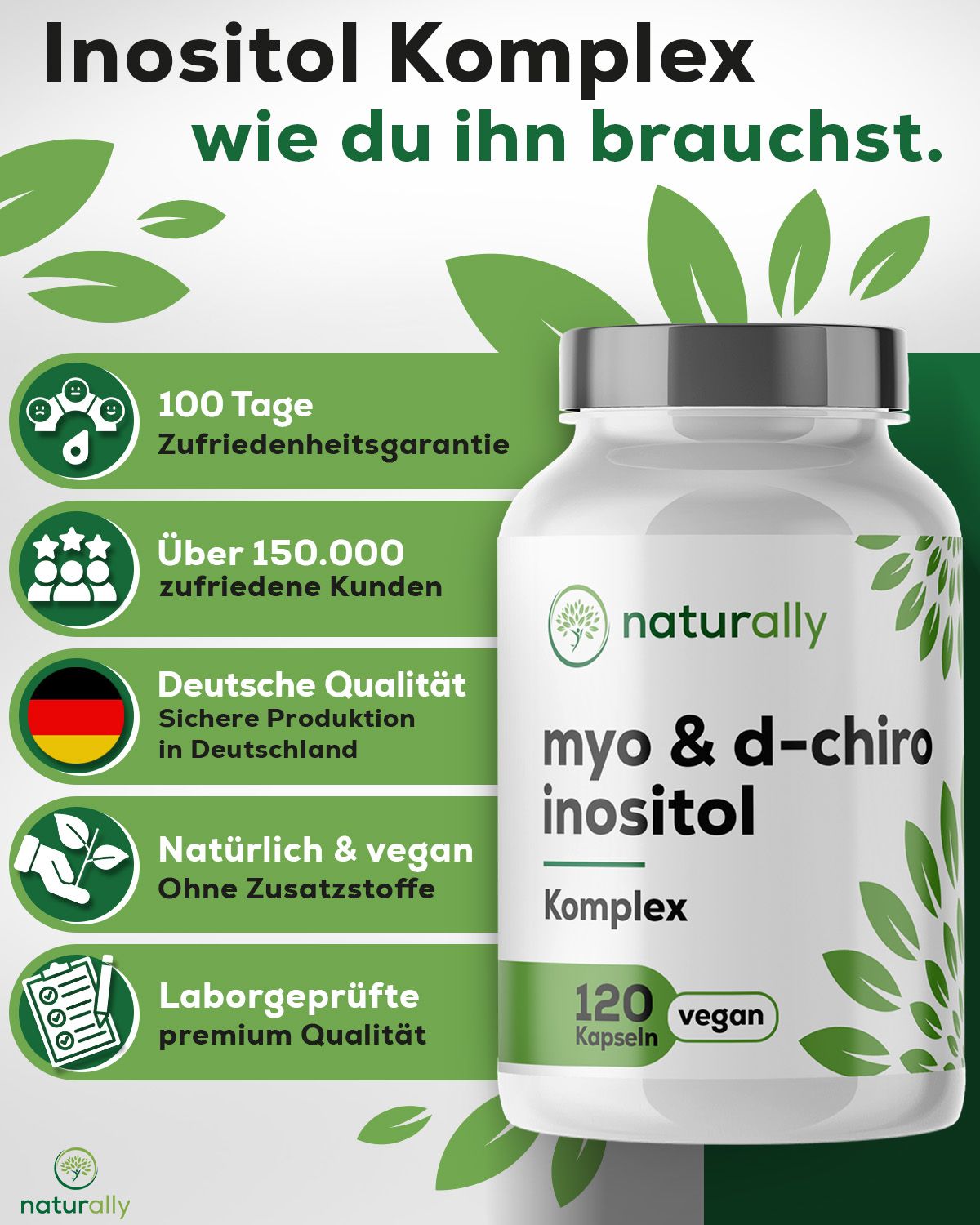 Flasche mit Etikett. Text: naturally, myo & d-chiro inositol Komplex, 120 Kapseln, vegan. Informationen zu Qualität.