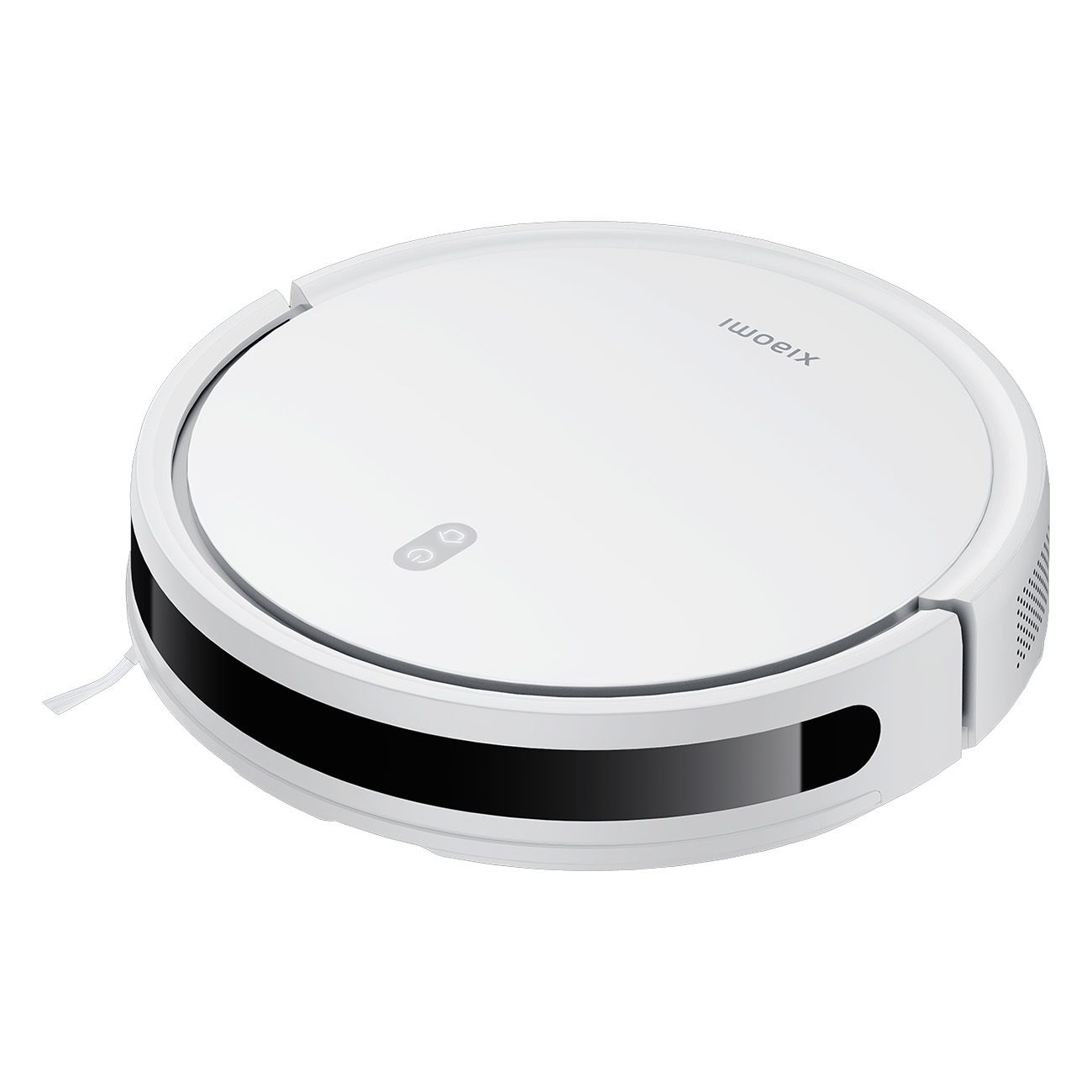 Weißer Roboter-Staubsauger mit schwarzem Streifen. Oberseite mit Xiaomi-Logo. Runde Form.