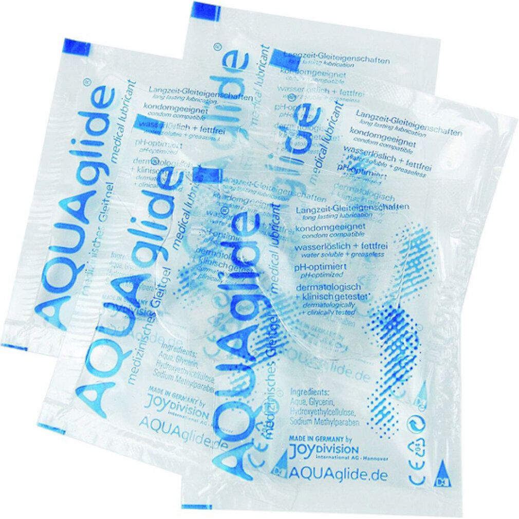 3 AQUAglide-Beutel. Medizinische Gleitgel. Text: Langzeit-Gleiteigenschaften, kondomgeeignet, pH-optimiert, dermatologisch getestet.