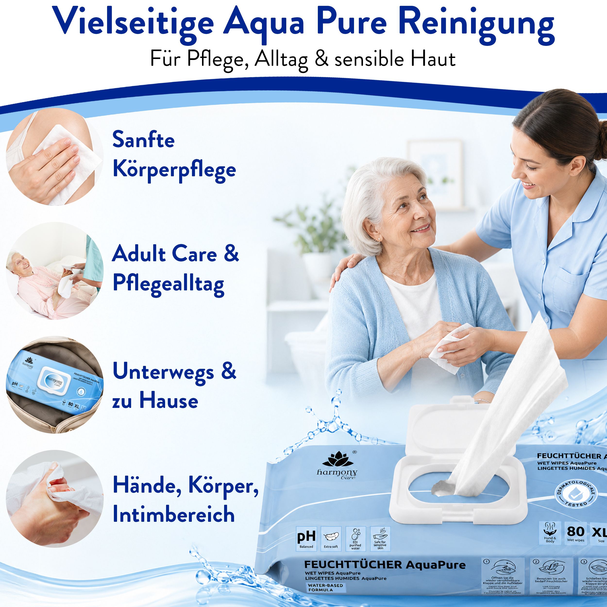 Pflegepersonal hilft einer älteren Frau mit Harmony Care® Feuchttüchern.