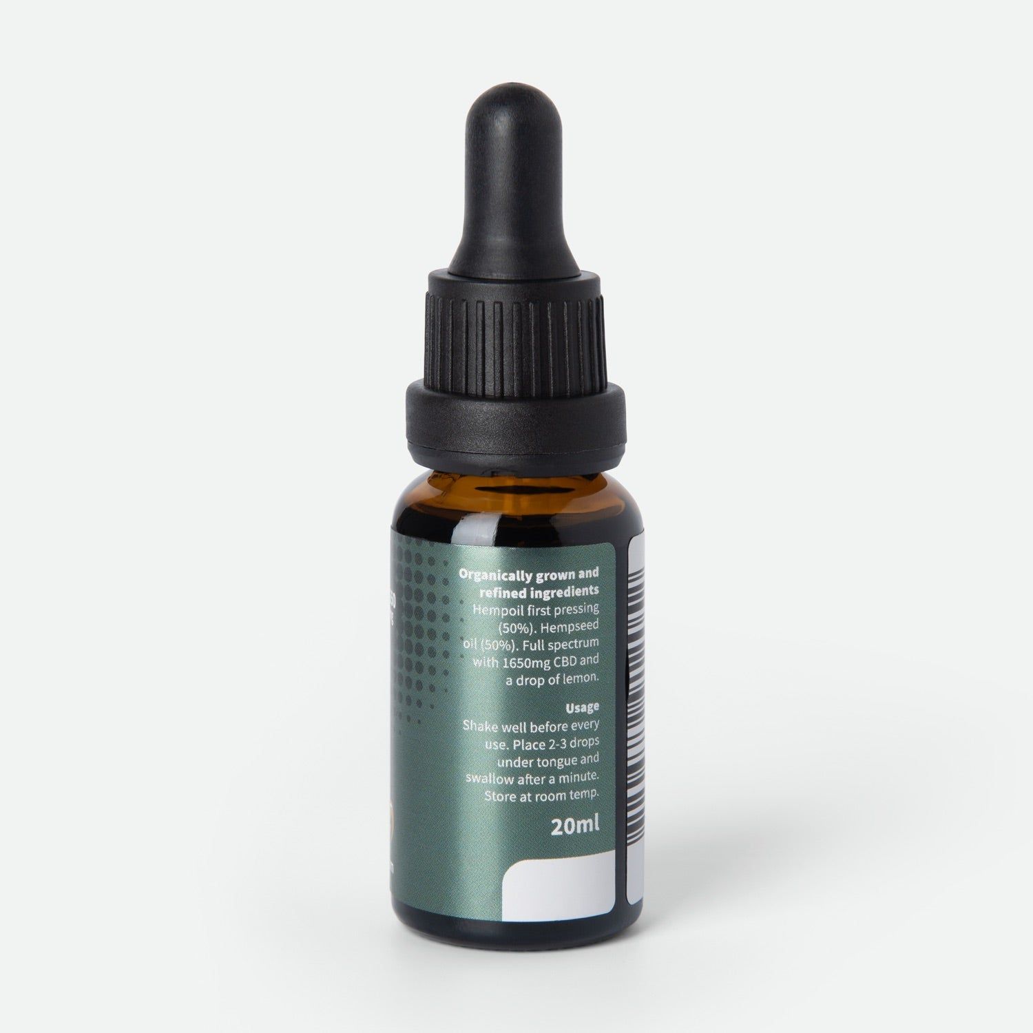 Rückseite einer braunen Glasflasche mit Pipette, Etikett mit Produktinformationen und "20ml".