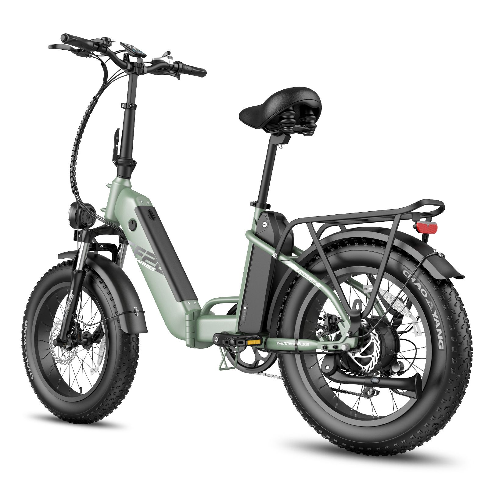 Hellgrünes, zusammenklappbares E-Bike. Schwarze Reifen, Sattel und Gepäckträger. Rücklicht und Akku.