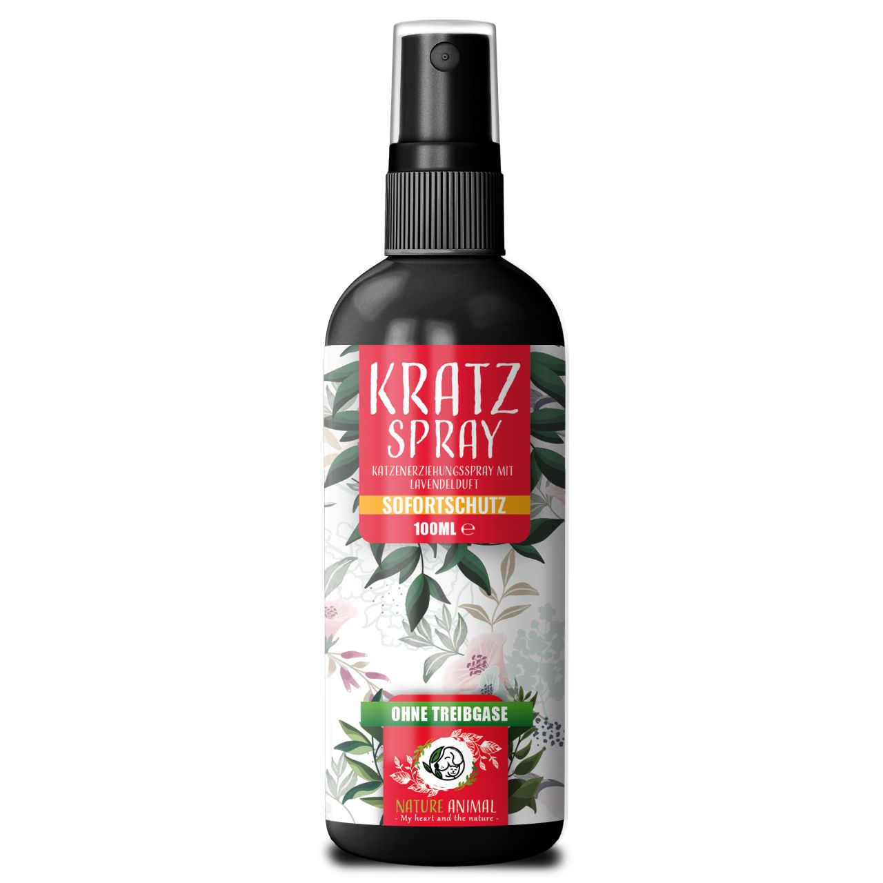 Schwarze Sprühflasche mit rotem Etikett. Text: KRATZ SPRAY, SOFORT SCHUTZ, OHNE TREIBGASE. 100ml.