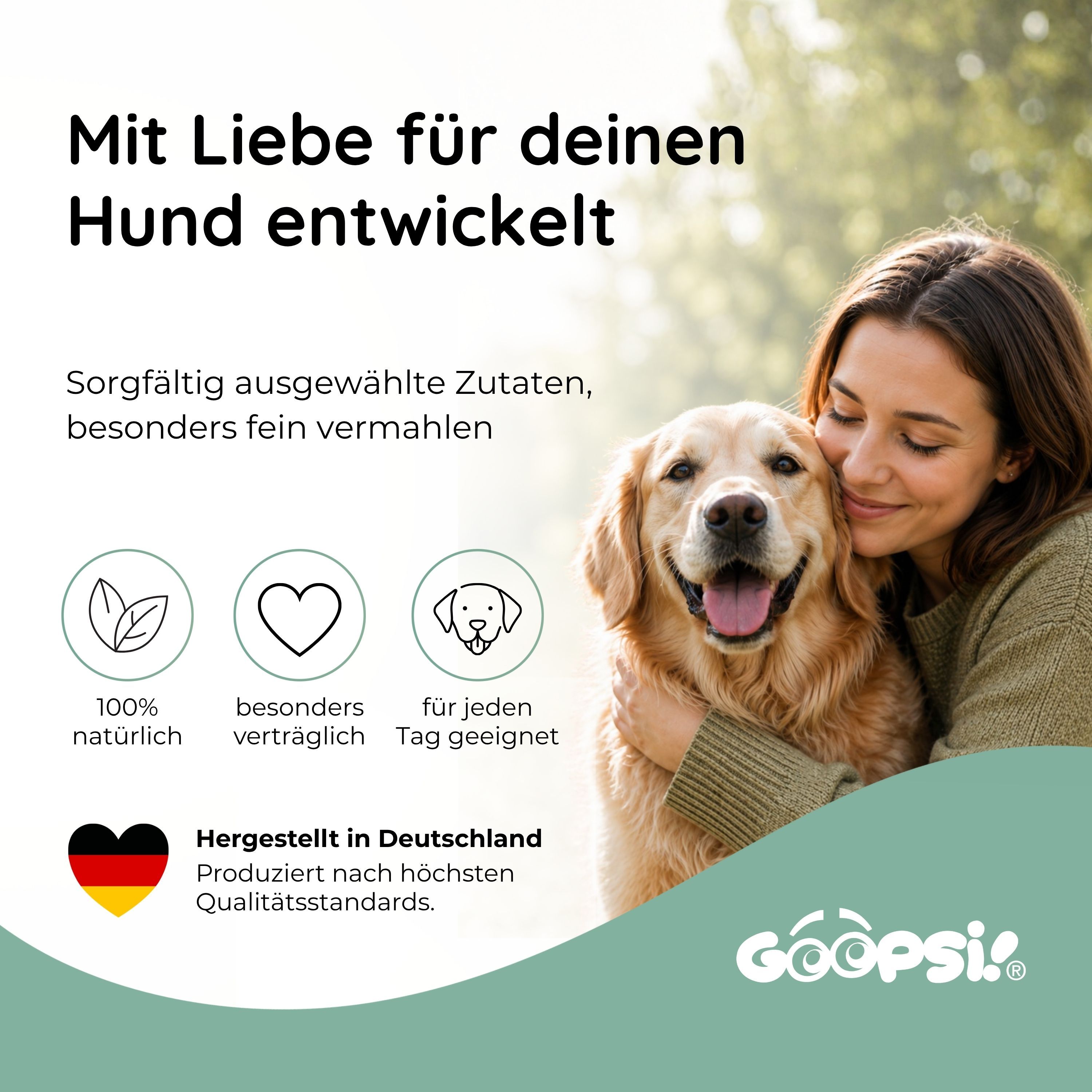 Frau umarmt Golden Retriever. "Mit Liebe für deinen Hund entwickelt". Hergestellt in Deutschland.