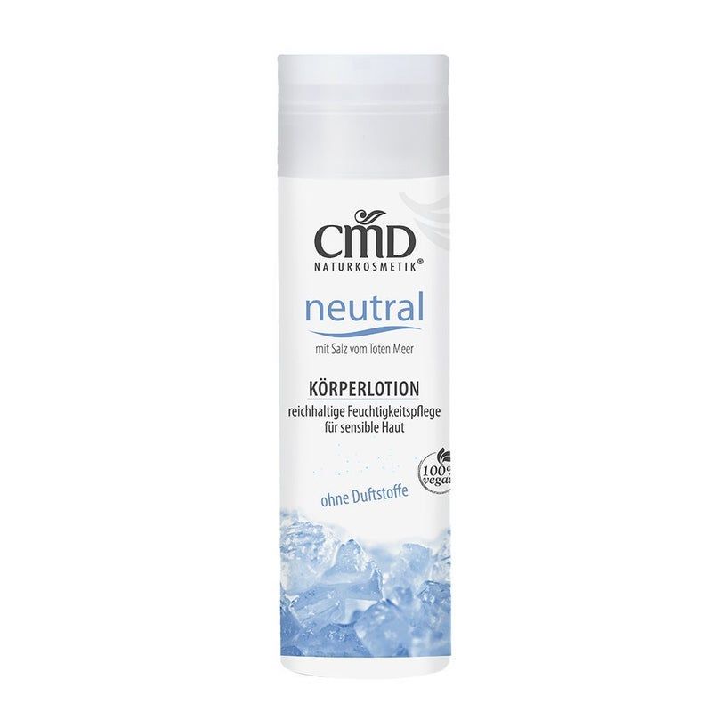 Weiße Flasche CMD Naturkosmetik Körperlotion, Aufschrift neutral, ohne Duftstoffe, für sensible Haut. Mit 100% vegan Siegel.