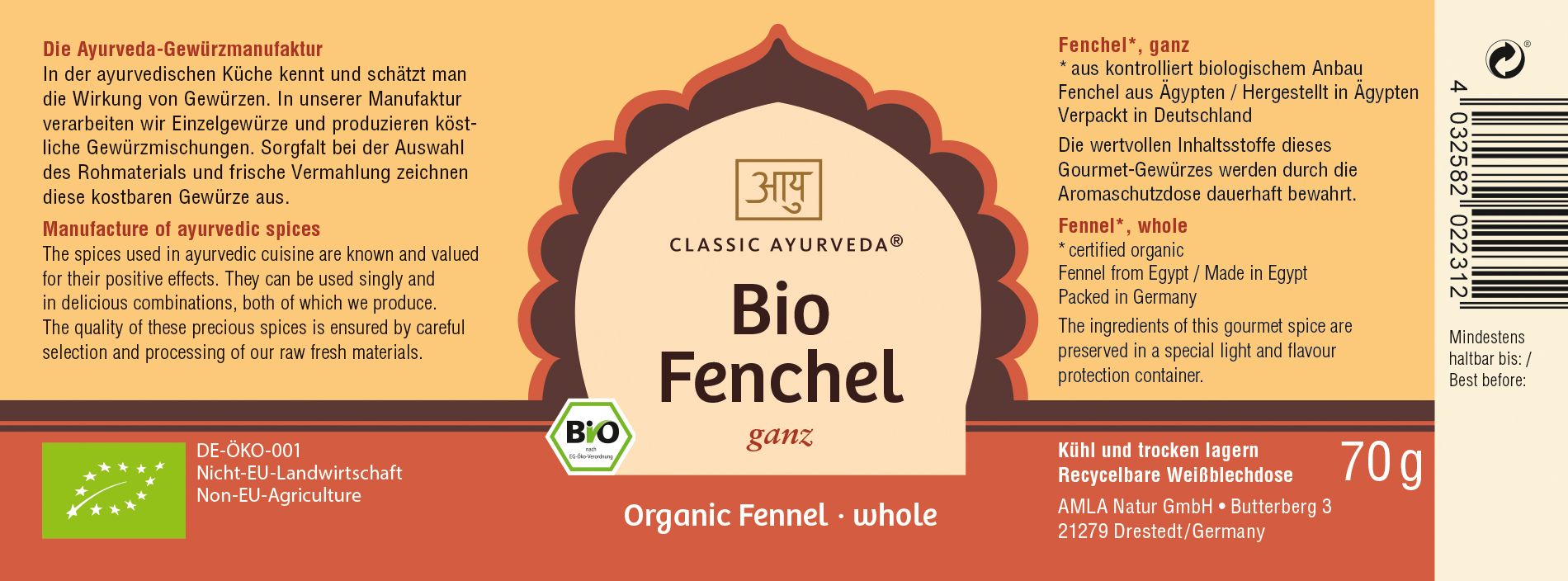 Etikett mit Text: Bio Fenchel, Classic Ayurveda. Siegel: Bio. Text in Deutsch und Englisch.