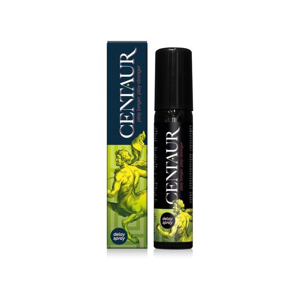Verzögerungsspray "Centaur" in schwarzer Sprühflasche mit Kartonverpackung. Abbildung eines Zentauren.