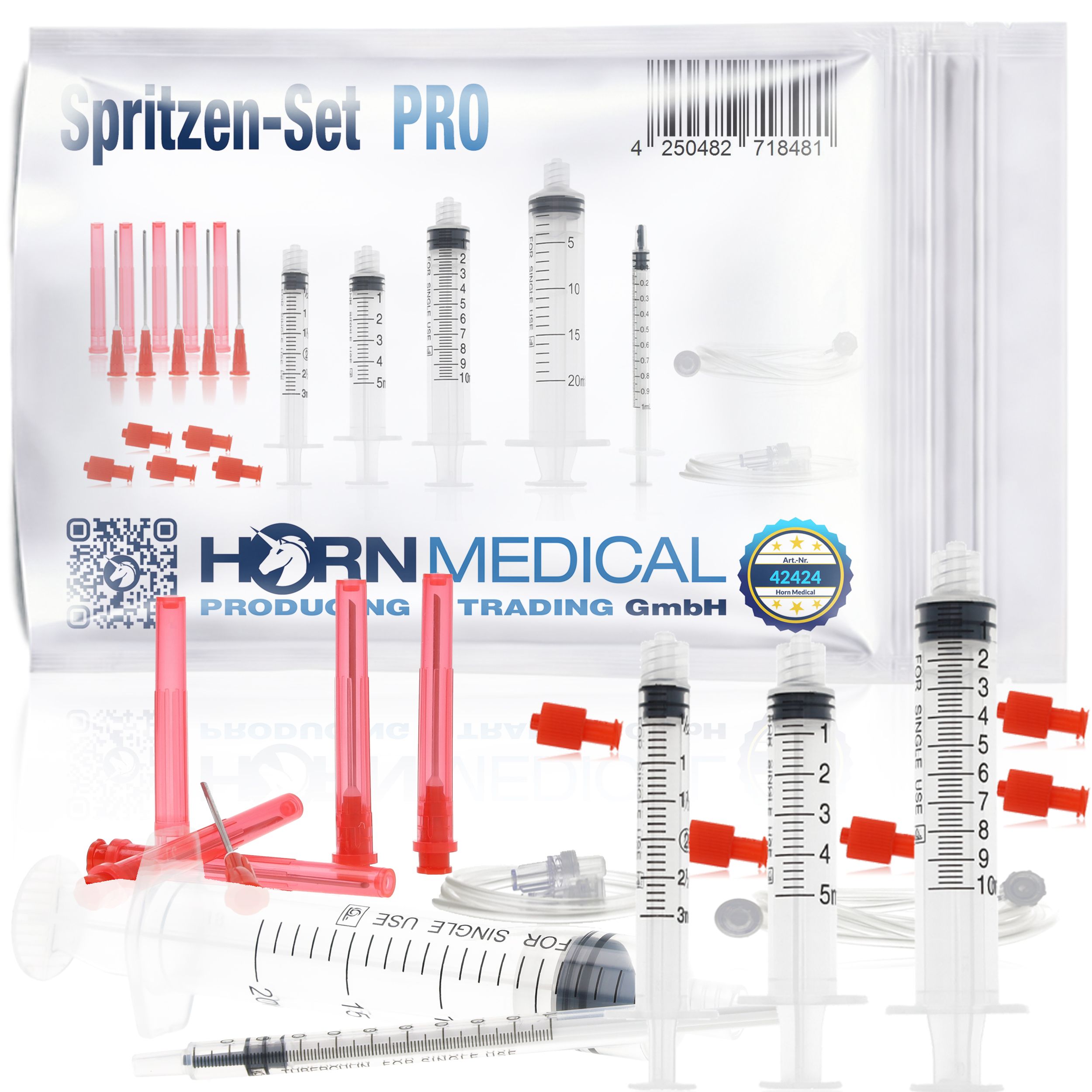 Spritzen-Set PRO von Horn Medical. Mehrere Spritzen, Kanülen und Zubehör in Verpackung. Steril, einzeln verpackt.