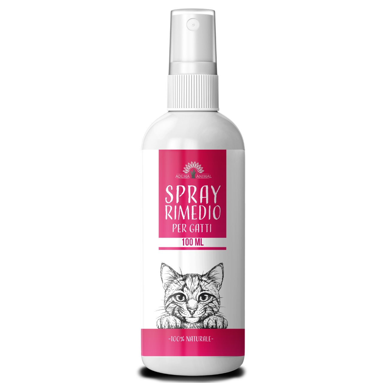 Flacone spray bianco con etichetta rosa. Scritta: SPRAY RIMEDIO PER GATTI. Illustrazione di un gatto. 100 ml.