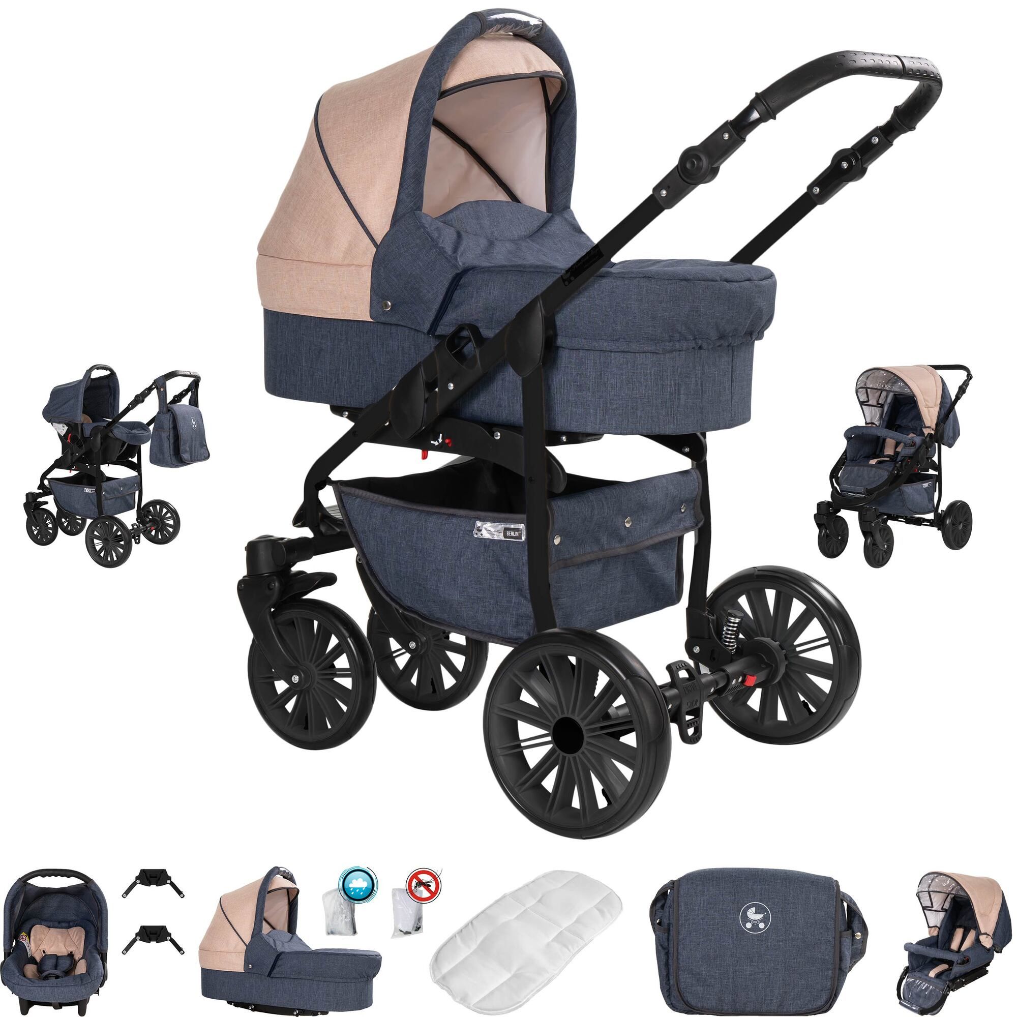 Friedrich Hugo Berlin 3 in 1 Kinderwagen Komplettset GEL Reifen, Dark Blue and Beige Night