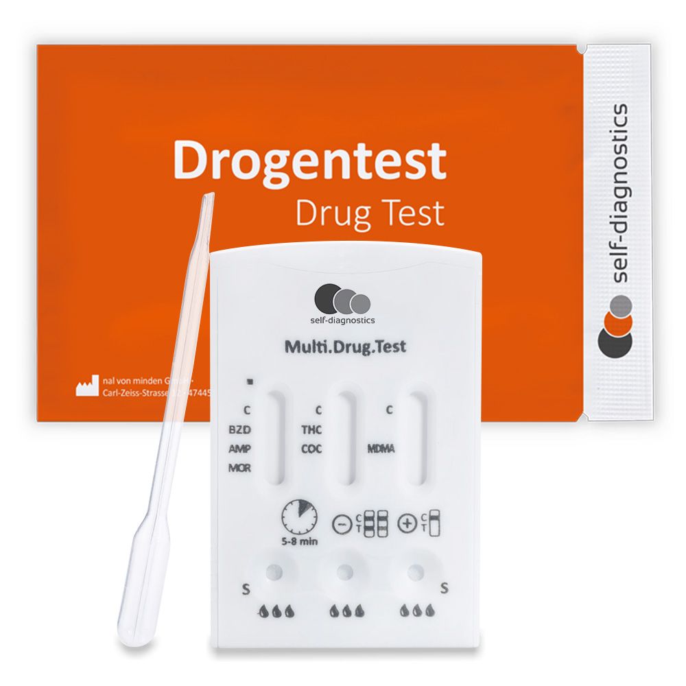 Drogentest-Kit. Enthält Teststreifen, Pipette und Verpackung. Aufschrift: Multi.Drug.Test.