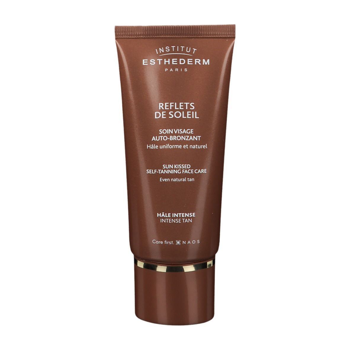 Bruine tube met INSTITUT ESTHEDERM PARIS. REFLETS DE SOLEIL, SOIN VISAGE AUTO-BRONZANT. HALE INTENSE. Zelfbruiner.