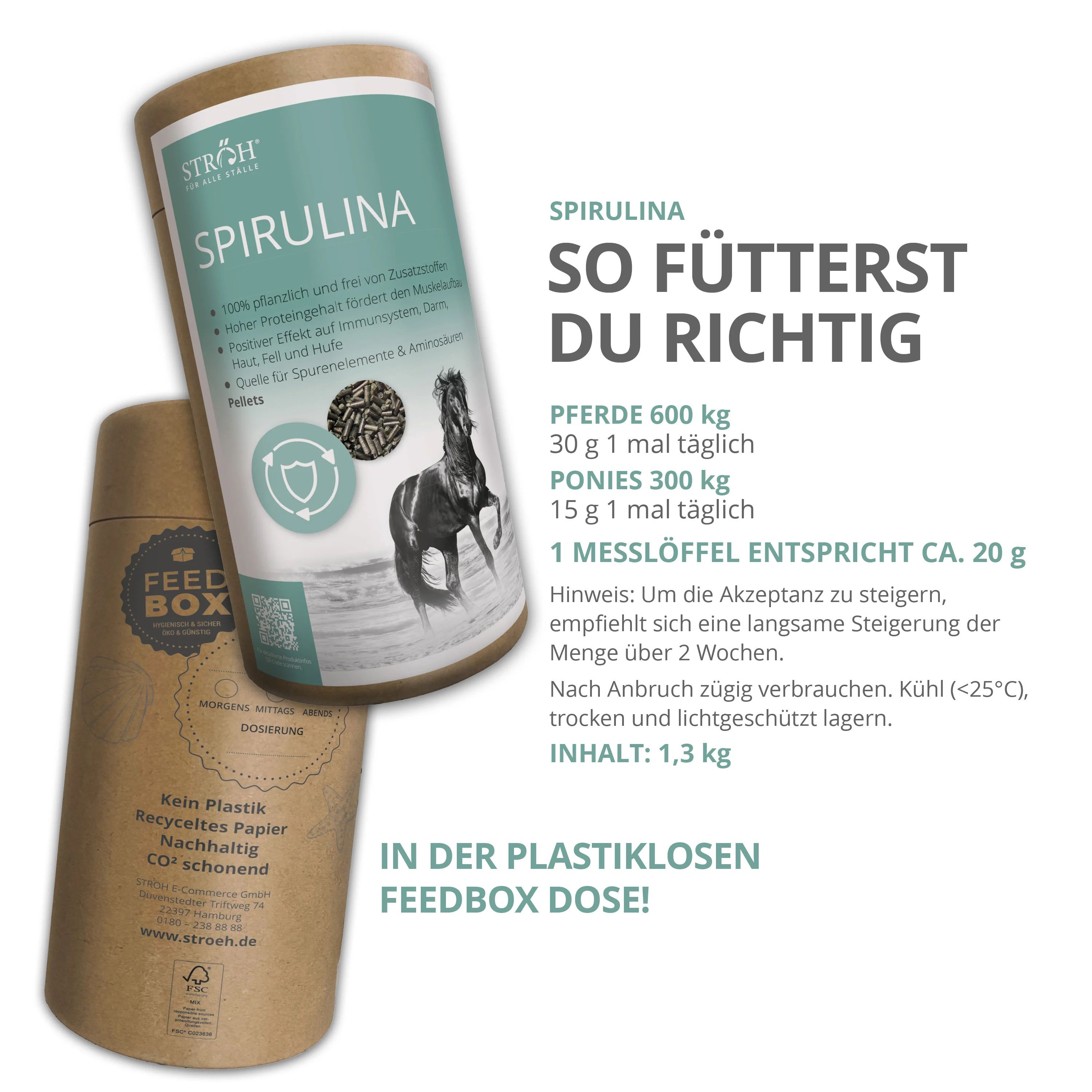 Zwei Dosen: Spirulina-Pellets und Feedbox Dose. Text: 1,3 kg, 1 Messlöffel entspricht ca. 20 g. In der plastiklosen Feedbox Dose!