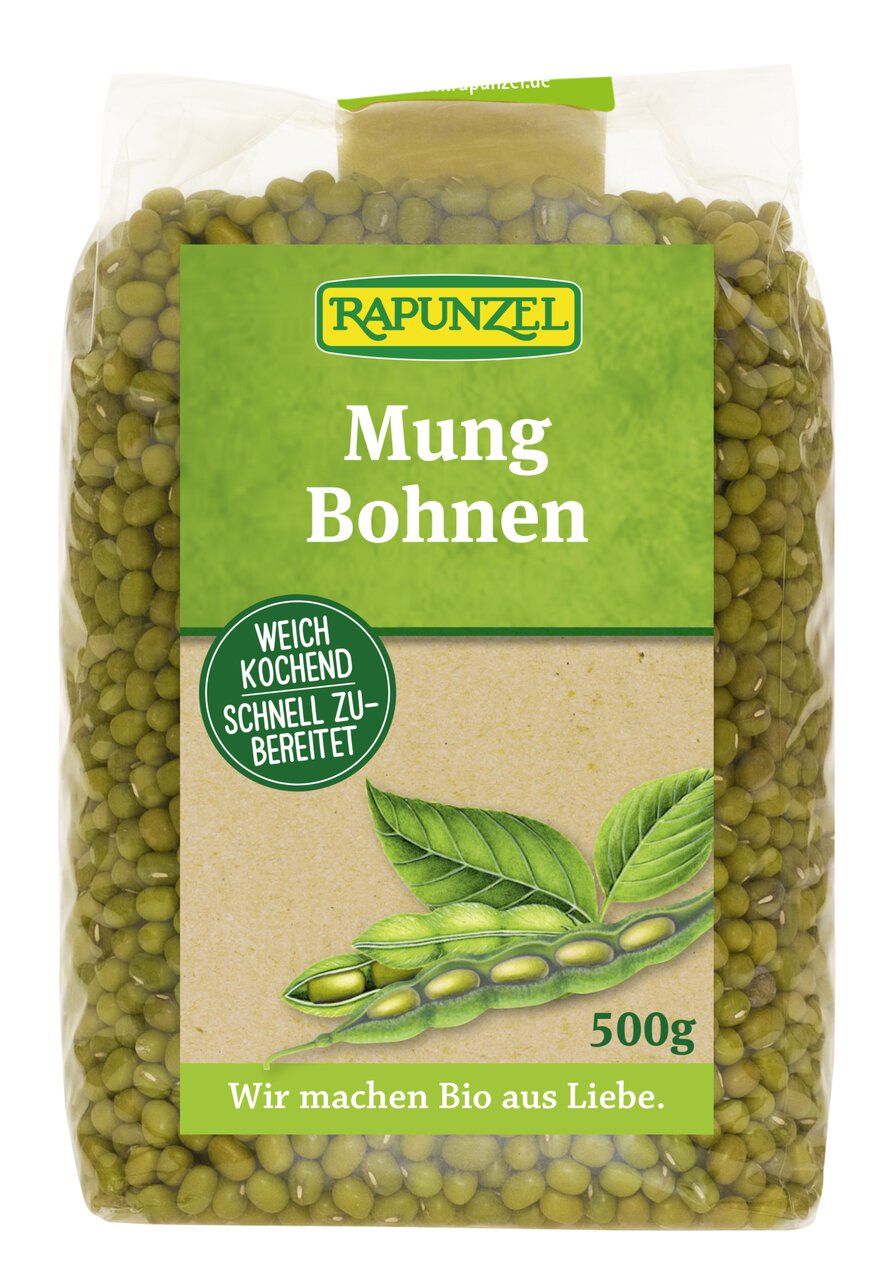 Rapunzel Mungbohnen 500g Beutel. Weich kochend, schnell zubereitet.