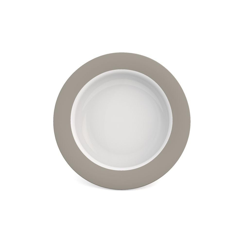 Eine weiße Schale mit einem taupefarbenen Rand, isoliert auf weißem Hintergrund.