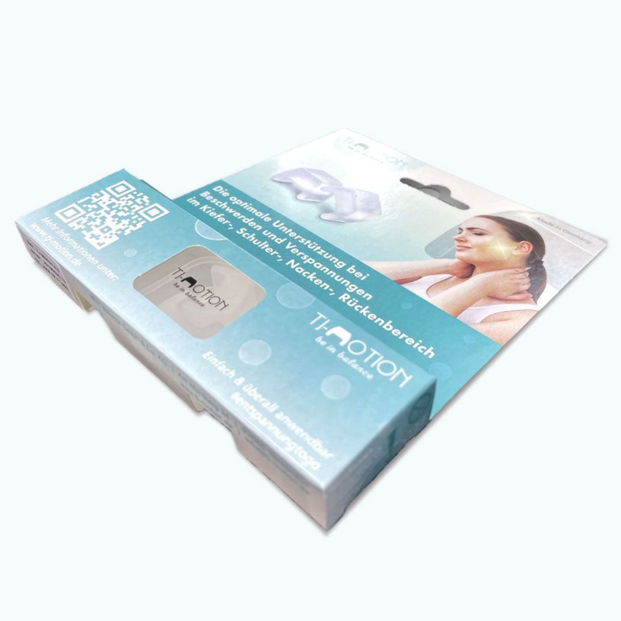 Verpackung mit zwei transparenten Produkten. Aufschrift: TJ-Motion be in balance. Made in Germany.