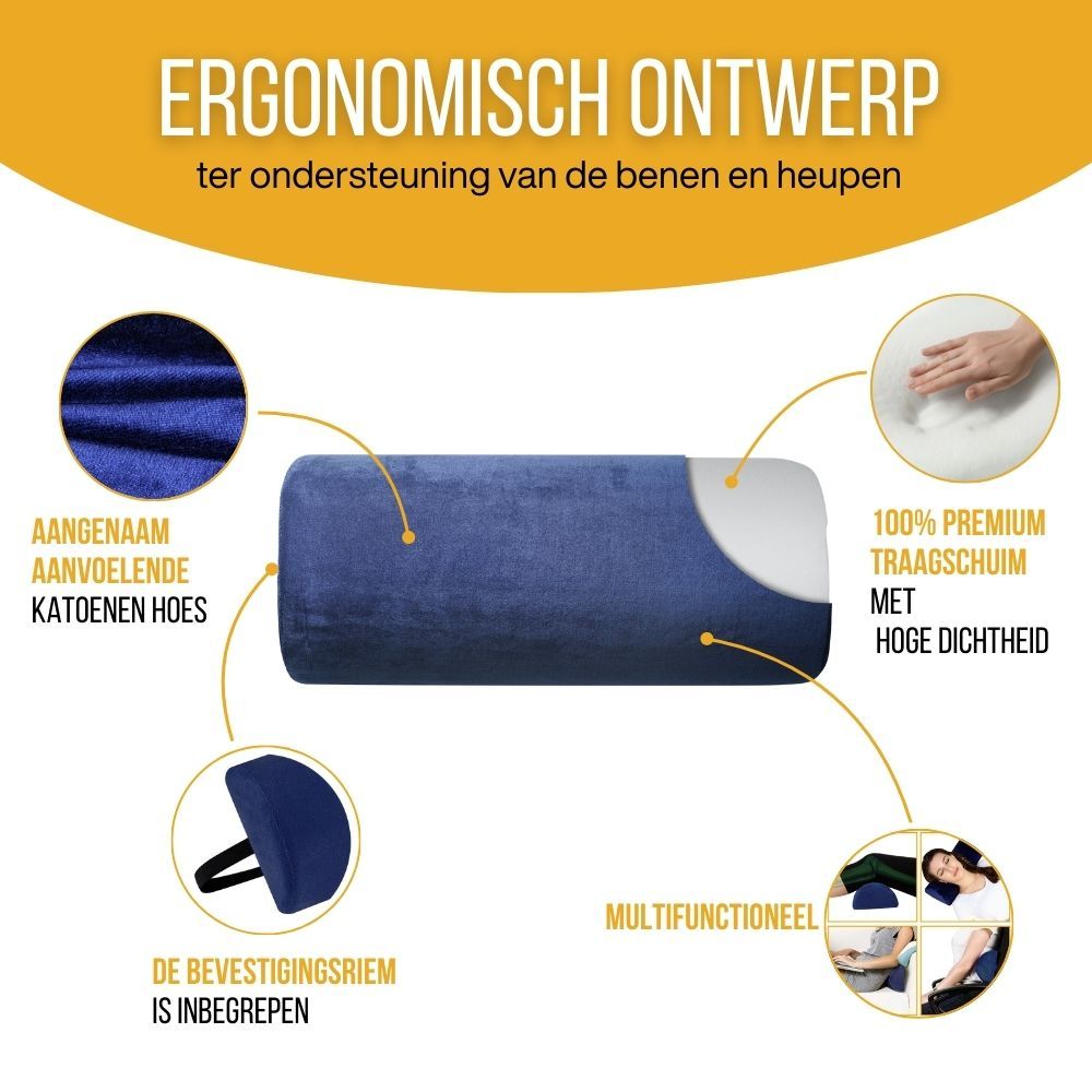Blauw, halfrond kussen met details: traagschuim, huidvriendelijke stof, verstelbare riem.