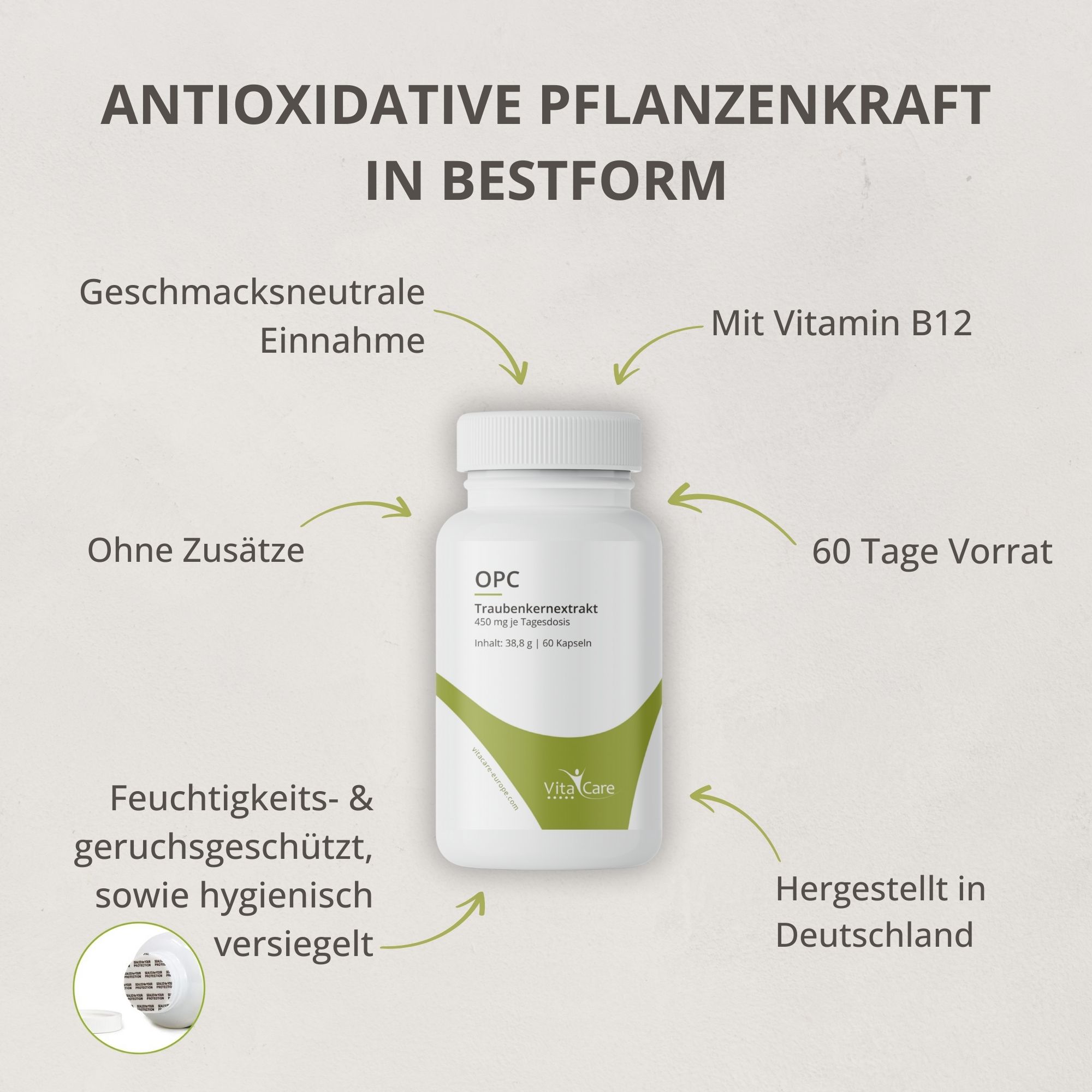 Weiße Flasche mit Kapseln. Text: Antioxidative Pflanzenkraft in Bestform. 60 Tage Vorrat. Hergestellt in Deutschland.