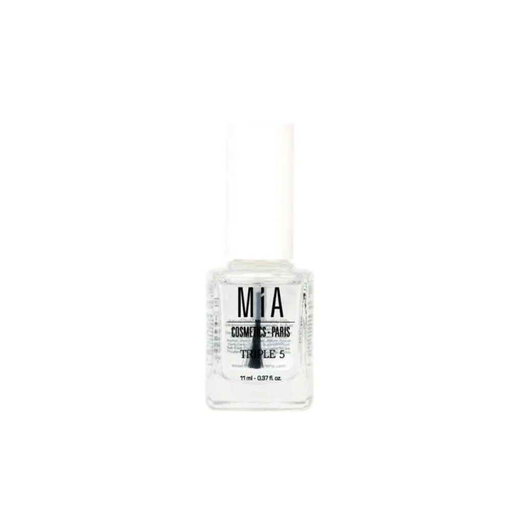 Klare Nagellackflasche mit weißem Deckel. Aufschrift: Mía Cosmetics Paris, Triple 5. Volumen: 11 ml.