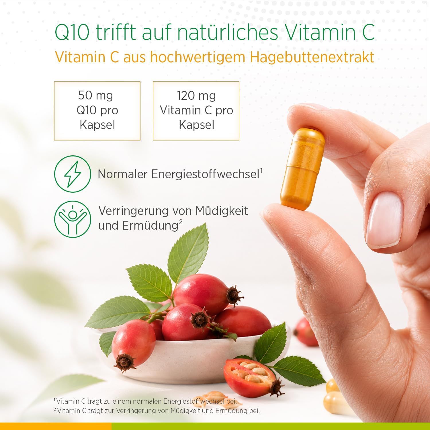 Hand hält eine Kapsel Biostile Q10 + Selenium. Enthält 50mg Q10, 120mg Vitamin C aus Hagebutte.