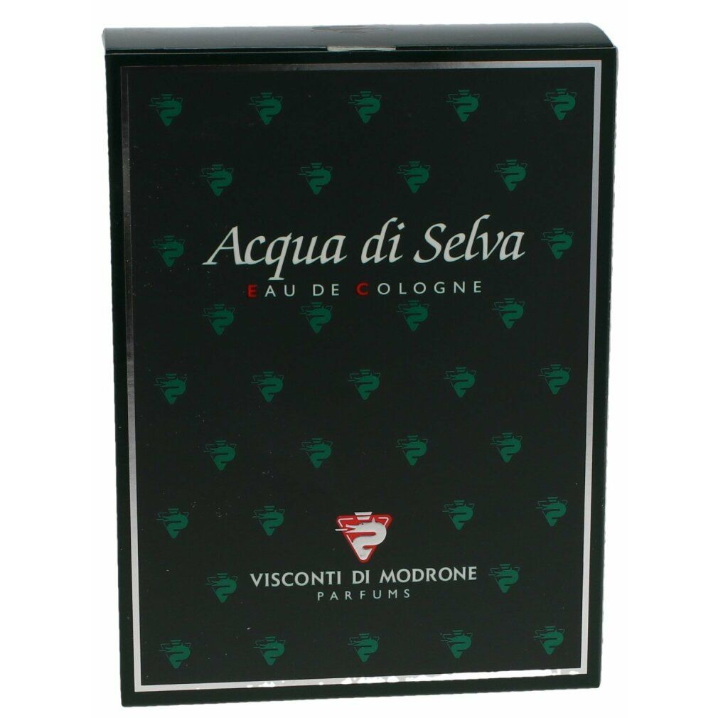 Schwarze Schachtel. Aufschrift: Acqua di Selva Eau de Cologne. Marke: Visconti di Modrone. Grünes Muster und silberner Rand.