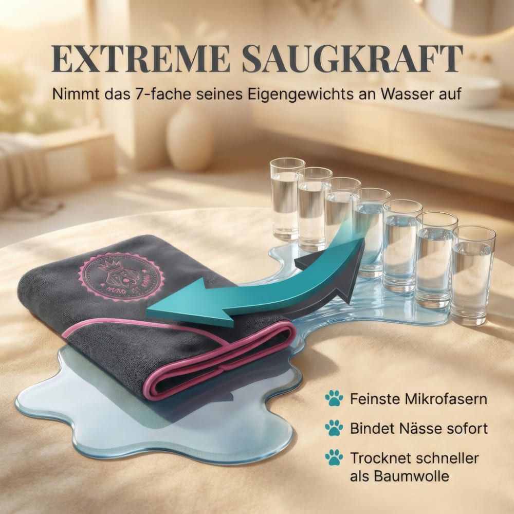 Graues Hundehandtuch mit rosa Einfassung und Logo. Handtuch liegt neben Wasser. Text: Extreme Saugkraft. Nimmt das 7-fache an Wasser auf.