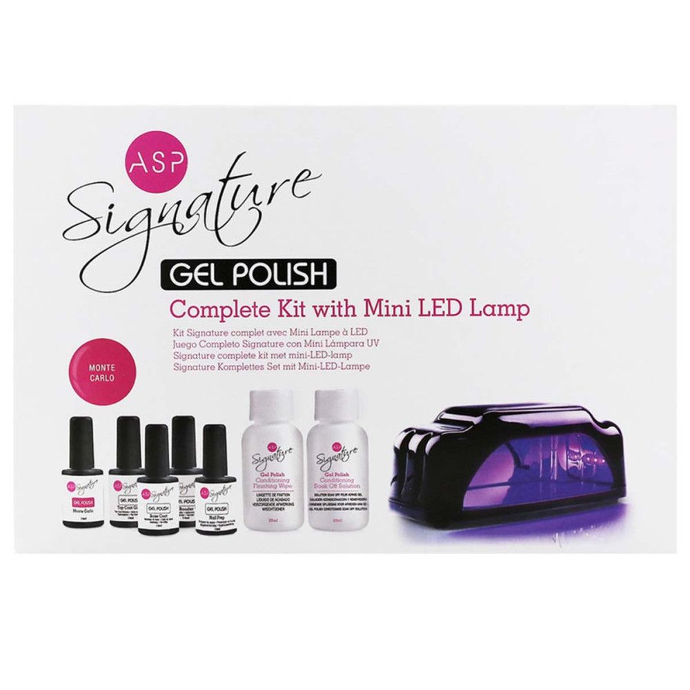 Komplettset mit Mini-LED-Lampe. Enthält Nagellackflaschen, zwei Flaschen, eine LED-Lampe und eine Verpackung mit Produktnamen.