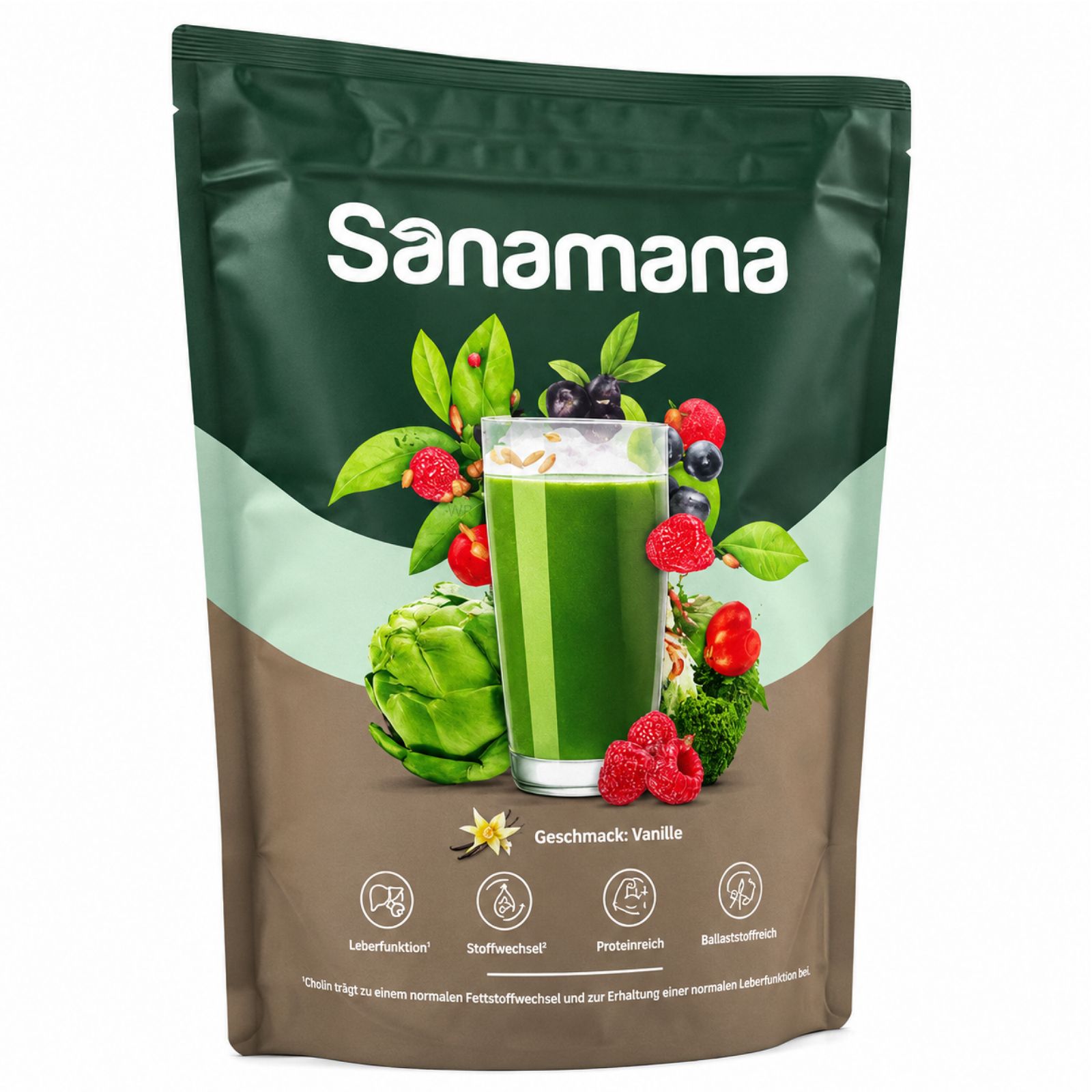 Sanamana Green Shake Pulverbeutel mit einem Glas grünen Smoothie und Früchten.
