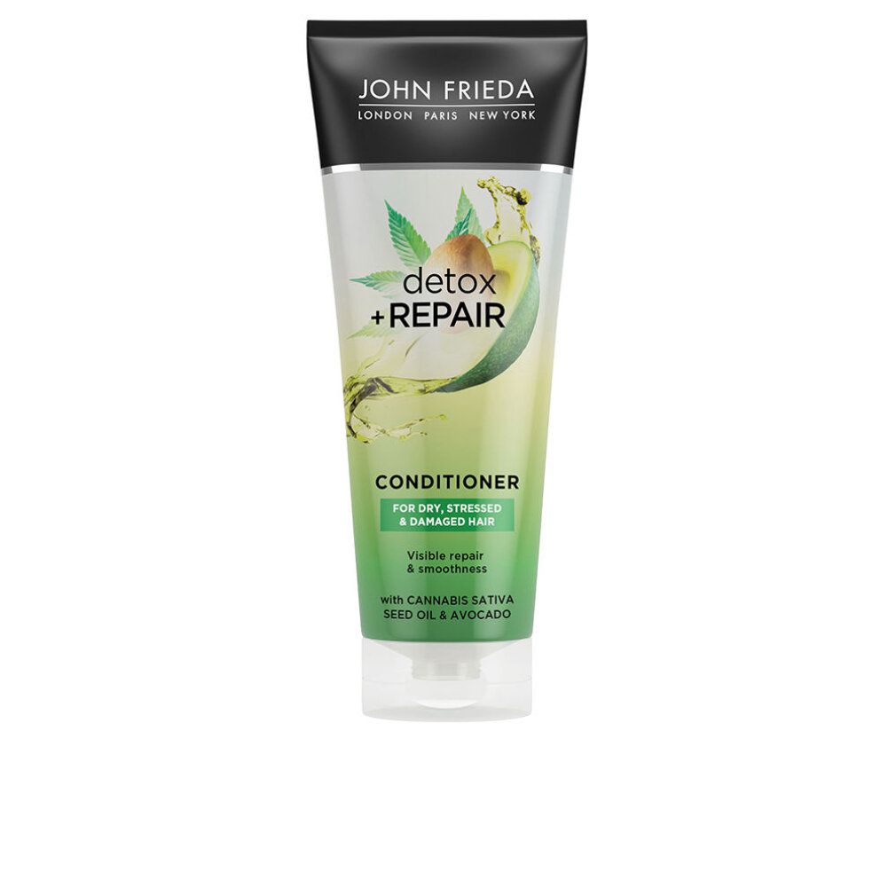 Acondicionador John Frieda Detox + Repair. Tube mit schwarzem Deckel und grüner Schrift. Enthält Avocado und Cannabis Sativa.